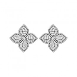 Roberto Coin Princess Flower Round Brilliant Cut Diamond Earrings In 18K White Gold.