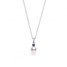 Mikimoto Akoya Cultured Single Pearl Pendant with Sapphire in 18K White Gold