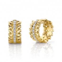 A Pair Of 14K Yellow Gold And Diamond Laurel Wreath Huggie Hoop Earrings