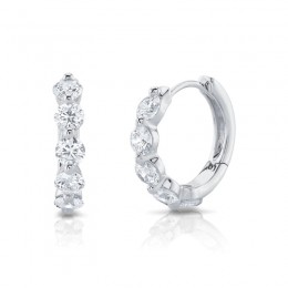 A Pair Of 14K White Gold Diamond Huggie Hoop Earrings.