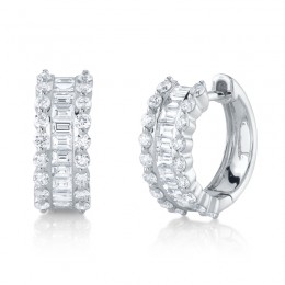 A Pair Of 14K White Gold And Diamond Baguette Cut Huggie Hoops Earrings
