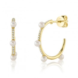 A Pair Of 14K Yellow Gold Diamond And Cultured Pearl Hoop Earrings