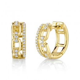 A Pair Of 14K Yellow Gold Diamond Link Huggie Hoop Earrings
