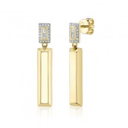 A Pair Of 14K Yellow Gold And Diamond Baguette Drop Earrings