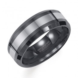Triton 8mm Tungsten Carbide and Black Ceramic Bevel Edge Comfort Fit Band