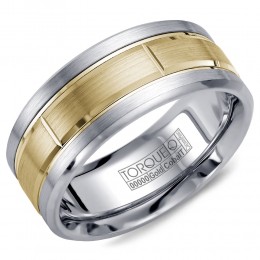 A Torque Ring In White Cobalt With A Brushed Yellow Gold Center.