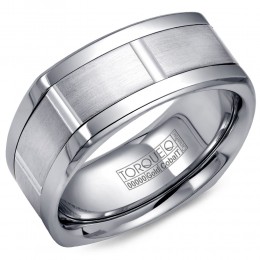 A Torque Ring In White Cobalt With A Brushed White Gold Center And Line Detailing.
