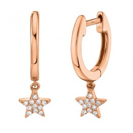 14K Rose Gold Diamond Star Dangle Huggie Hoop Eaarings .04Ct G/H, Vs-Si