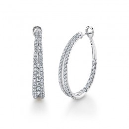 A Pair Of 14K White Gold And Diamond Oval-Shaped Hoop Earrings