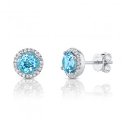 14K White Gold Diamond and Blue Topaz Stud Earrings