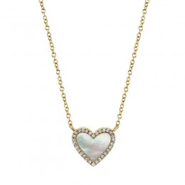 Shy Creation Natural Mother-Of-Pearl Heart Pendant Necklace 1/15 Ct Tw Diamonds 14K Yellow Gold 18"