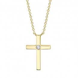 14K Yellow Gold And Diamond Bezel Cross Necklace .03Ct G/H, Vs-Si