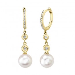 14K Yellow Gold Diamond And Cultured Pearl Drop Earring