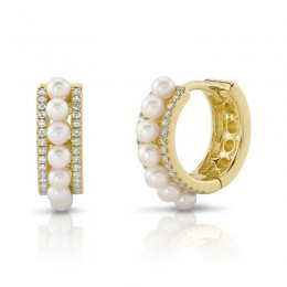 Shy Creation 14K Yellow Gold Diamond & Cultured Pearl Huggie Earring