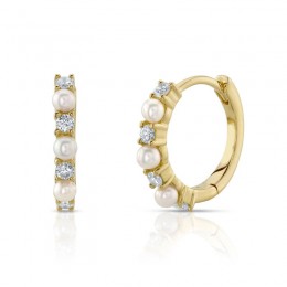 A Pair Of 14K Yellow Gold, Diamond And Cultured Pearl Huggie Hoop Earrings .14Ct G-H, Vs-Si