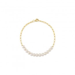 A 14K Yellow Gold Paper Clip Link Bracelet That Is Set With Cultured Pearls.
