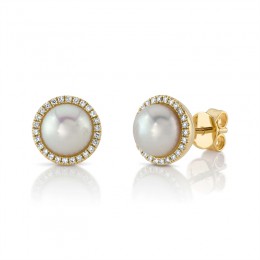 14K Yellow Gold Diamond And Cultured Pearl Stud Earrings