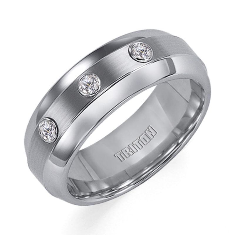 Triton 8mm Tungsten Carbide Wide Step Edge Comfort Fit Diamond Wedding Band with Brush Finish Center