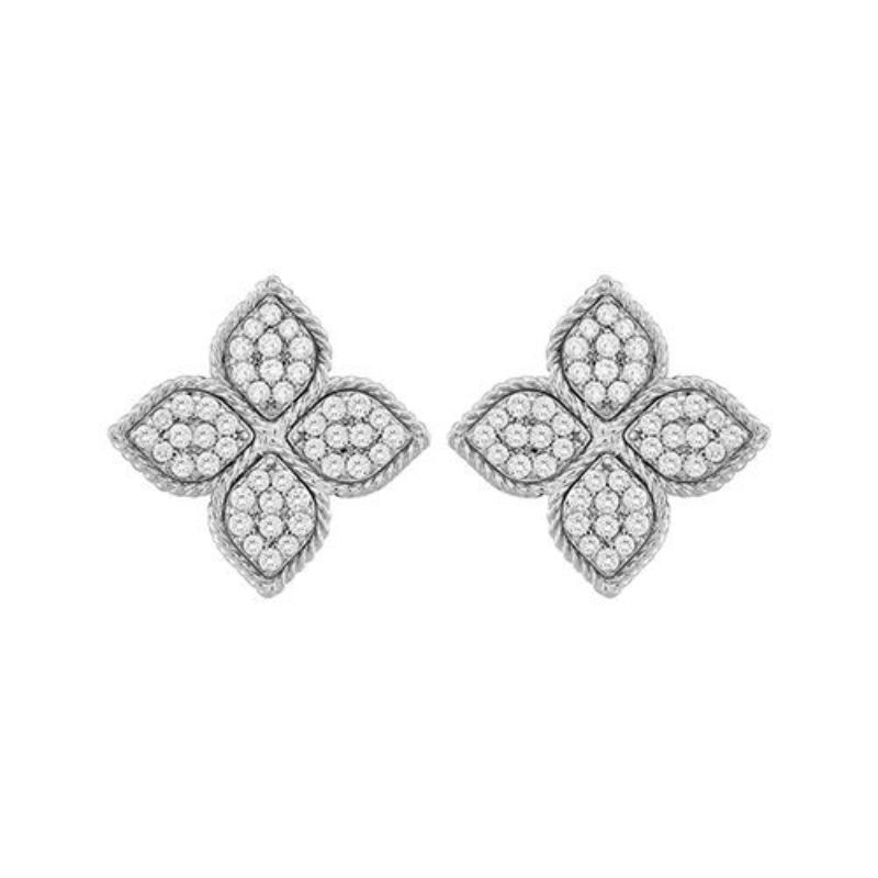 Roberto Coin Princess Flower Round Brilliant Cut Diamond Earrings In 18K White Gold.