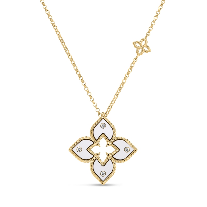 Roberto Coin 18K Yellow Gold Venetian Princess Diamond And White Ceramic Enamel Flower Necklace