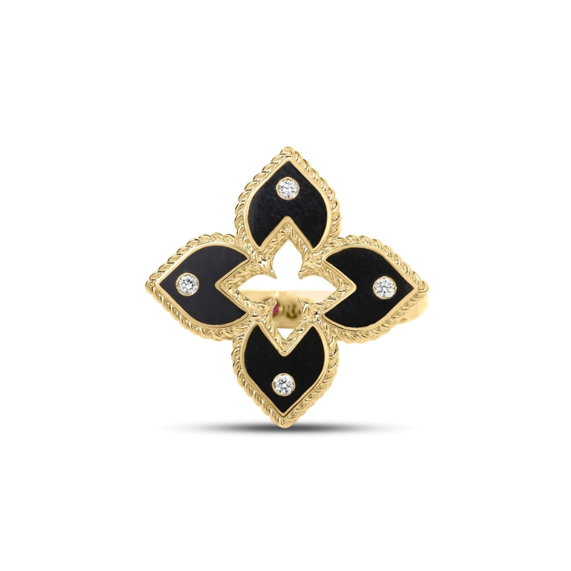 Roberto Coin 18K Yellow Gold Venetian Princess Diamond And Black Ceramic Enamel Flower Ring