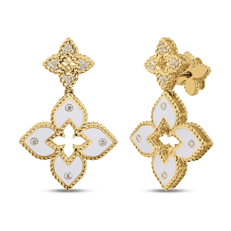 Roberto Coin 18K Yellow Gold Venetian Princess Pave Diamond And White Ceramic Enamel Flower Drop Earrings