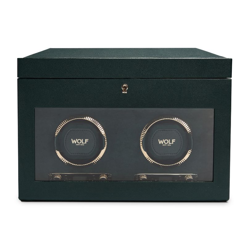 WOLF Green British Racing Double Watch Winder with Storage