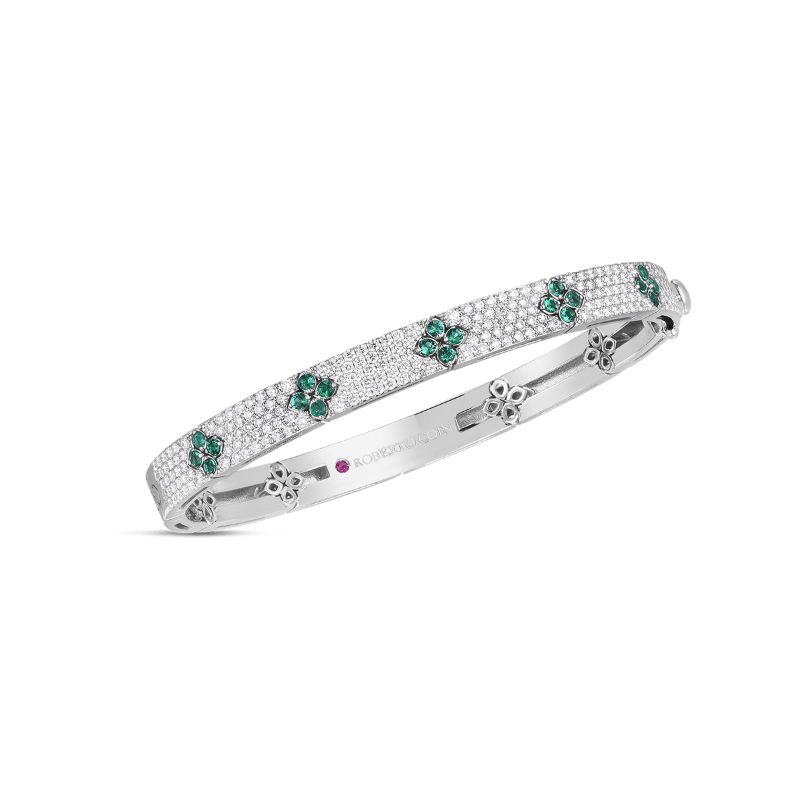 Roberto Coin 18K White Gold Diamond & Emerald Love in Verona Bangle