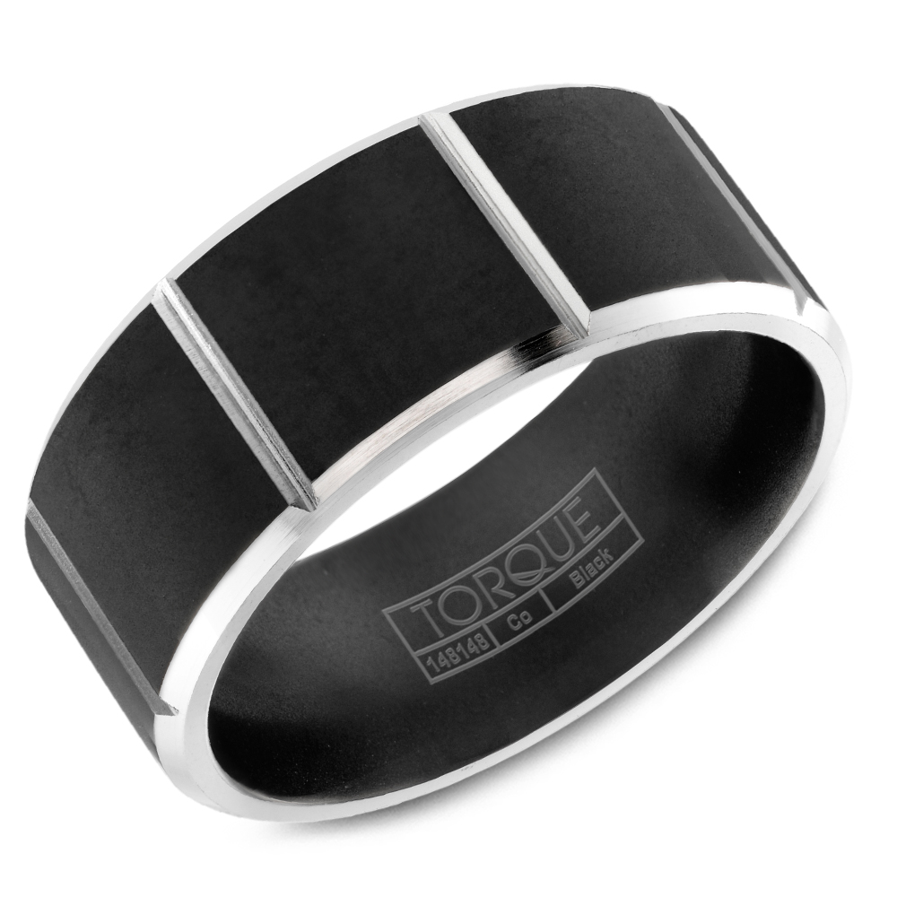 A Black Cobalt Torque Band With White Cobalt Edges And Notch Detailing.