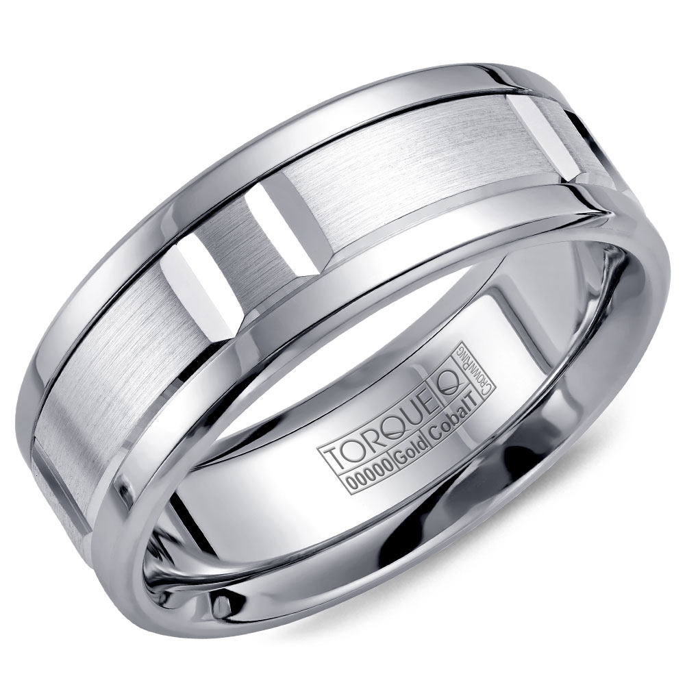 A Torque Ring In White Cobalt With A White Gold Inlay And Carved Detailing.