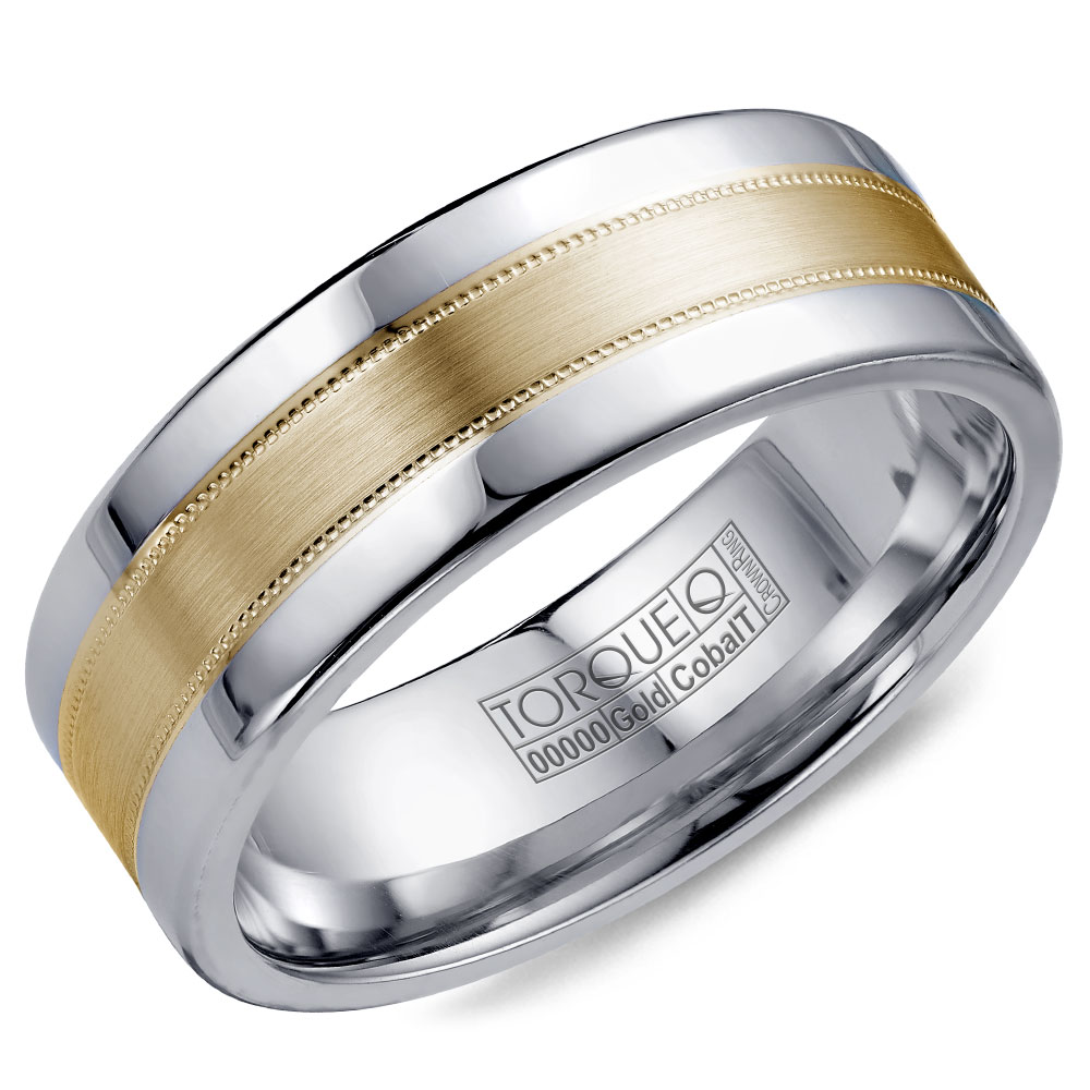 A Torque Ring In White Cobalt With A Brushed Yellow Gold Center And Milgrain Detailing.