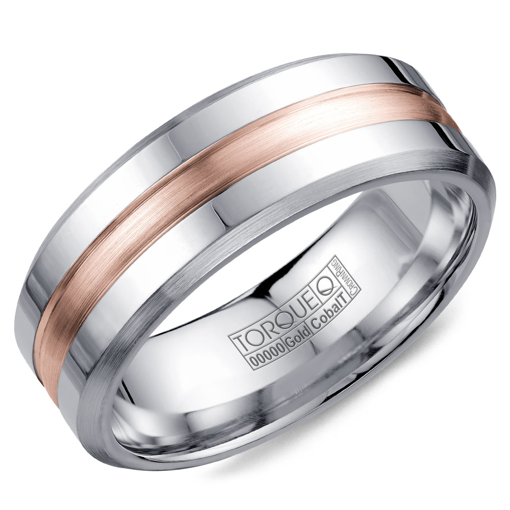 A Torque Ring In White Cobalt With A Brushed Rose Gold Center.