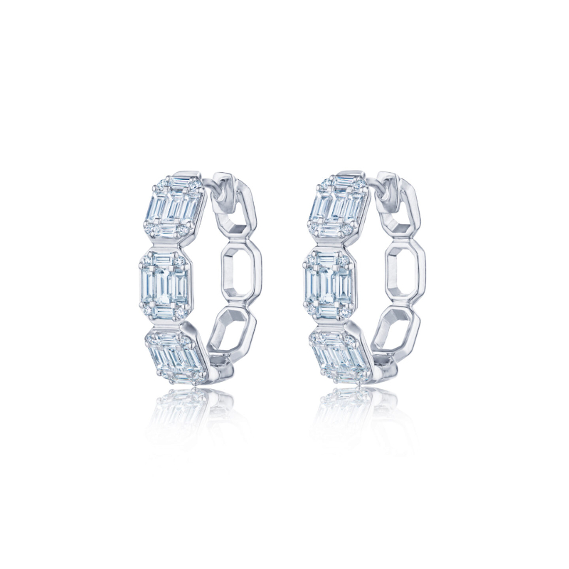 Sunburst Hoop Earrings With Emerald-Cut Diamonds