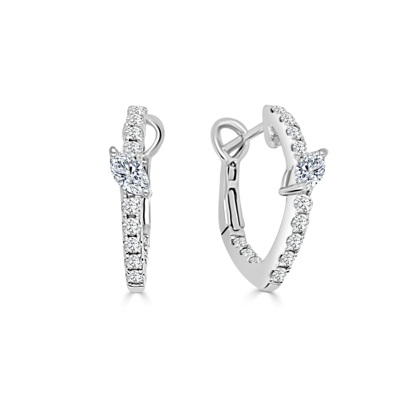 14K White Gold Small Slanted Marquise Center Diamond Bolt Hoop Earrings