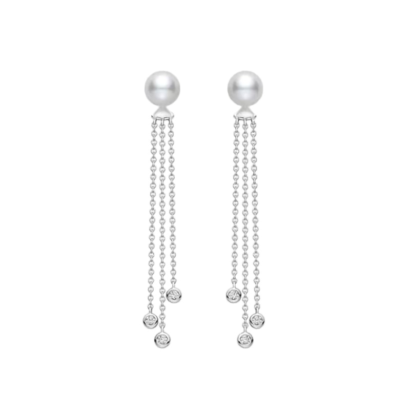 Mikimoto Akoya Cultured Pearl and Diamond Dangle Drop Earrings in 18K White Gold