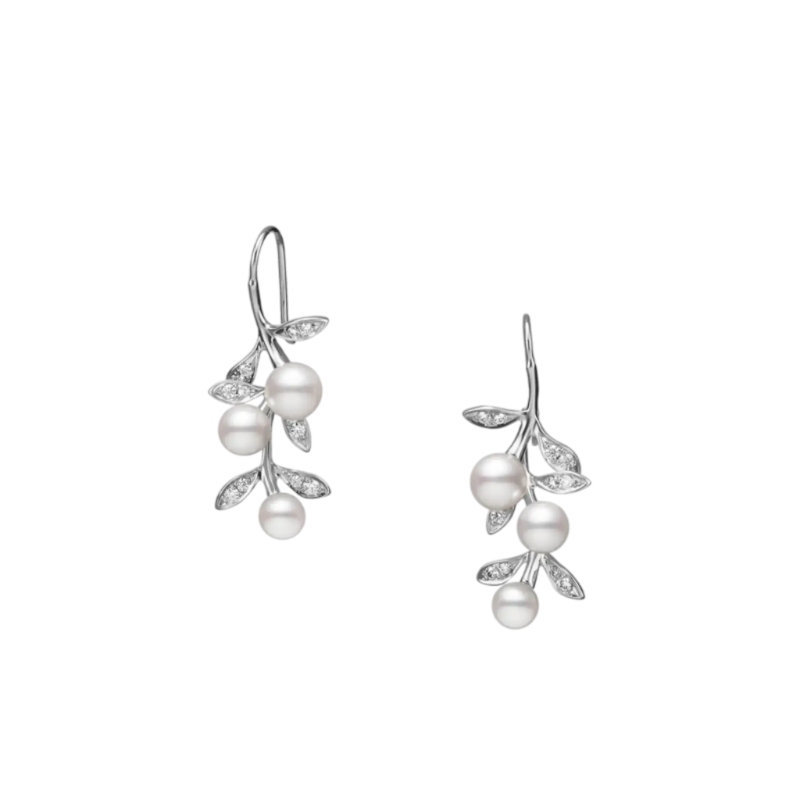 Mikimoto 18K White Gold Cultured Akoya Pearl and Diamond Dangle Earrings