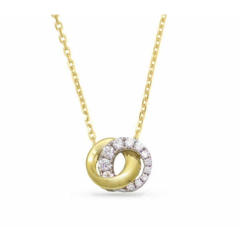 14K Yellow And White Gold Intertwined Double Circle Diamond Pendant Necklace