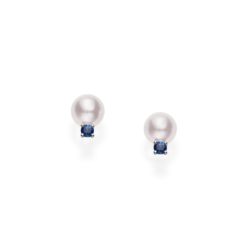 Mikimoto Akoya Cultured Pearl Earrings with Sapphire in 18K White Gold