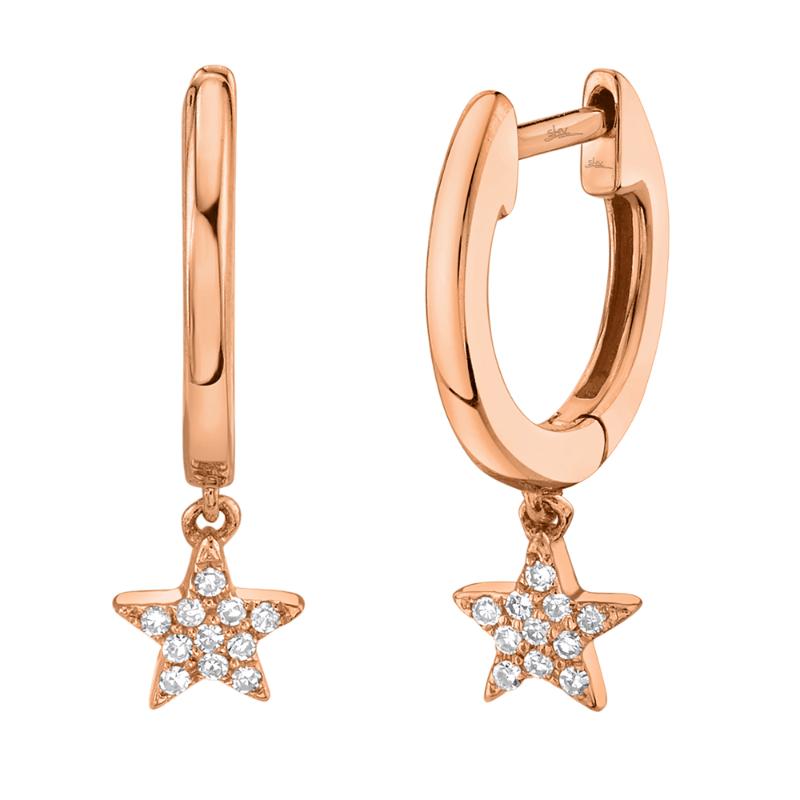 14K Rose Gold Diamond Star Dangle Huggie Hoop Eaarings