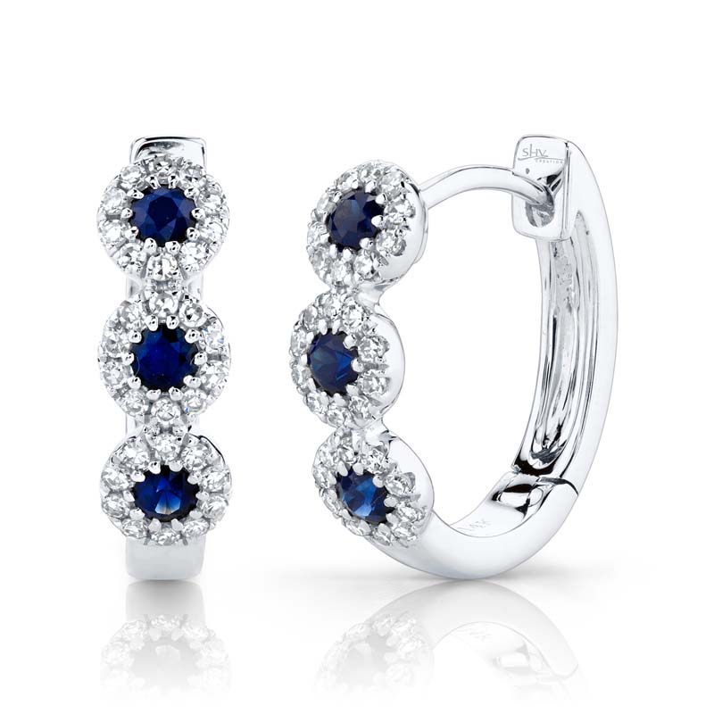 0.15Ct Diamond & 0.30Ct Blue Sapphire 14K White Gold Huggie Earring