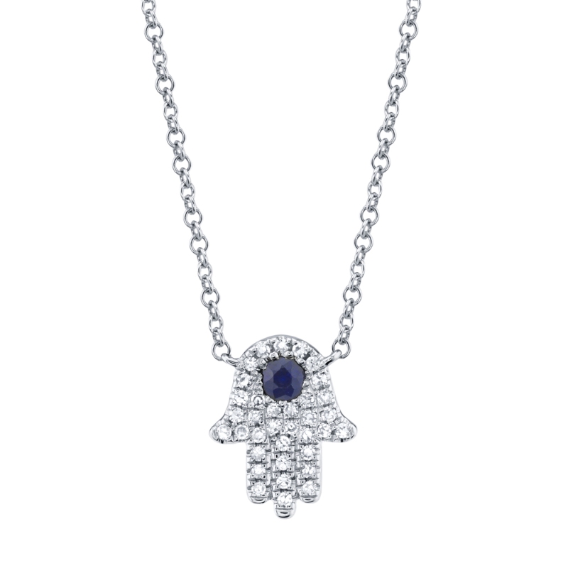 0.09Ct Diamond & 0.08Ct Blue Sapphire 14K White Gold Hamsa Necklace