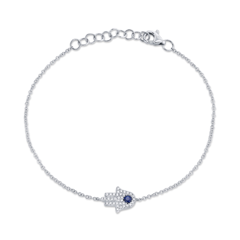 0.09Ct Diamond & 0.08Ct Blue Sapphire 14K White Gold Hamsa Bracelet