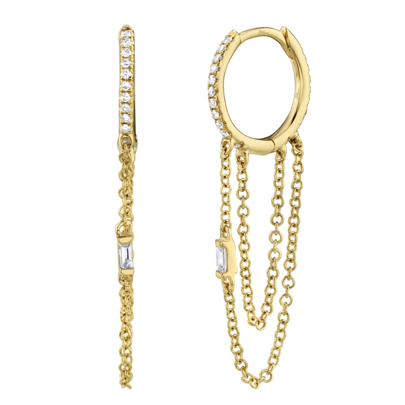0.18Ct 14K Yellow Gold Diamond Baguette Huggie Chain Earring