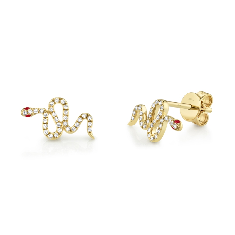 0.13Ct Diamond & 0.03Ct Ruby 14K Yellow Gold Snake Stud Earring