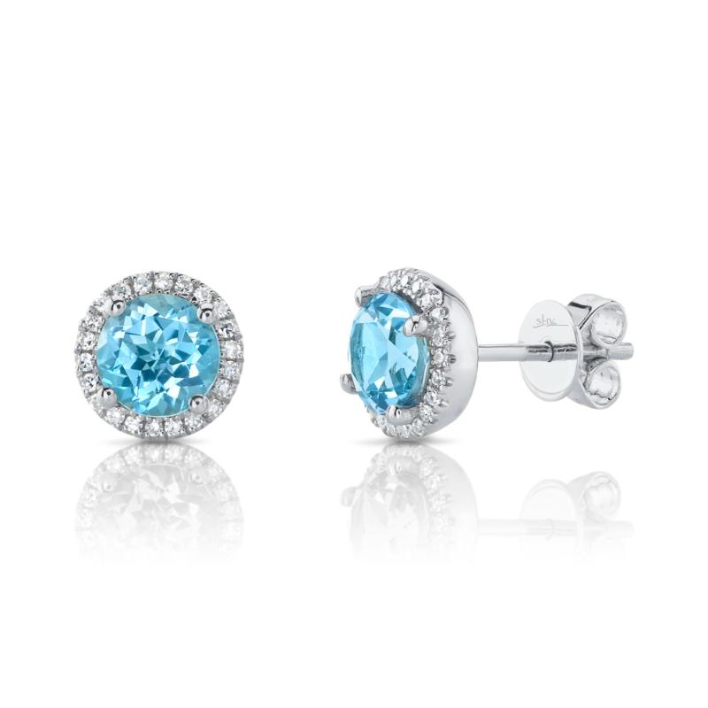 14K White Gold Diamond and Blue Topaz Stud Earrings