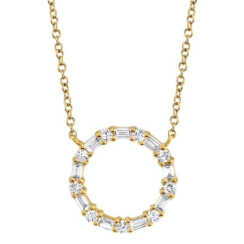 14K Yellow Gold Diamond Baguette Circle Necklace .29Ct G/H, Vs-Si