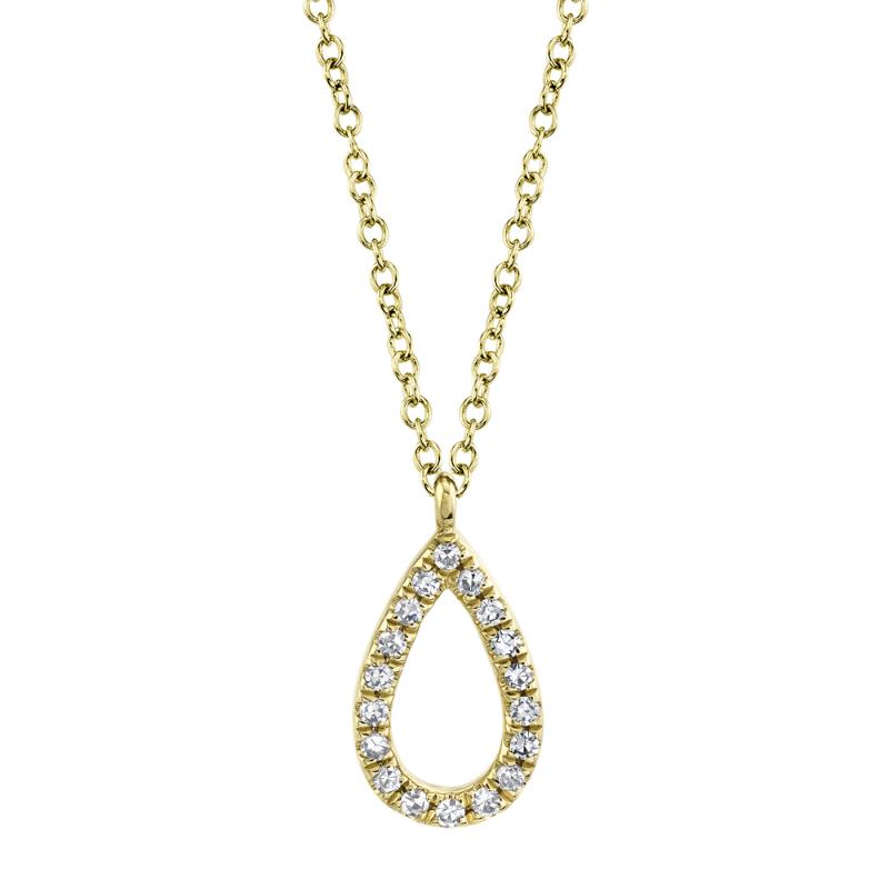 A 14K Yellow Gold, Pear-Shaped Necklace With 18 Sc = .06 Carat In Diamonds. 11.8 X 6Mm, 18