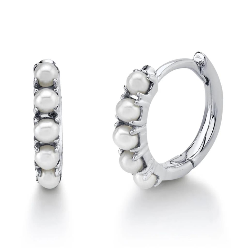 A Pair Of 14K White Gold Huggie Hoop Cultured Pearl Earrings