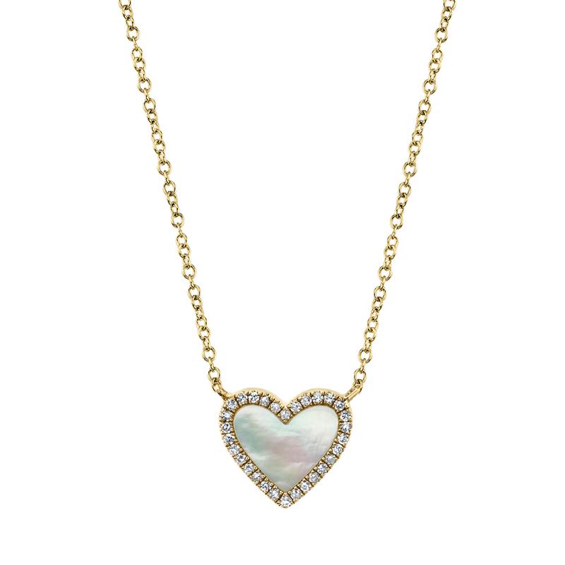 Shy Creation Natural Mother-Of-Pearl Heart Pendant Necklace 1/15 Ct Tw Diamonds 14K Yellow Gold 18