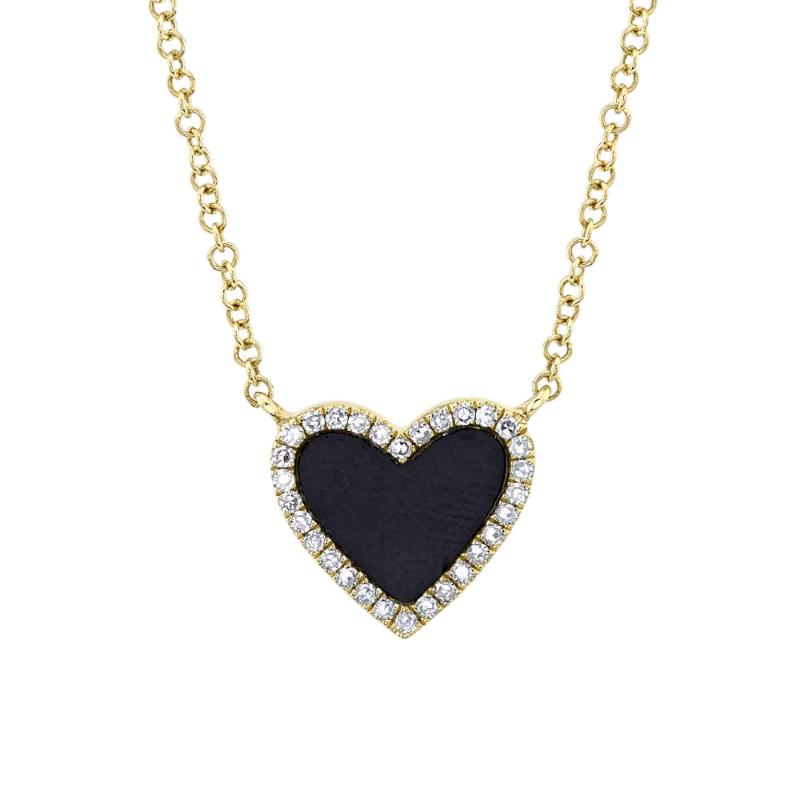 14K Yellow Gold Diamond And Black Oynx Heart Necklace